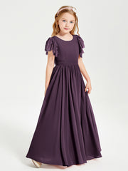 Chiffon Junior Bridesmaid Dresses with Lace Flutter Sleeves Plum