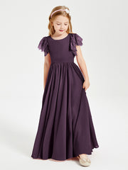 Chiffon Junior Bridesmaid Dresses with Lace Flutter Sleeves Plum