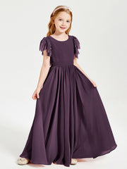 Chiffon Junior Bridesmaid Dresses with Lace Flutter Sleeves Plum
