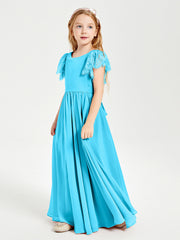 Chiffon Junior Bridesmaid Dresses with Lace Flutter Sleeves Pool