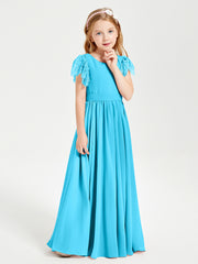 Chiffon Junior Bridesmaid Dresses with Lace Flutter Sleeves Pool