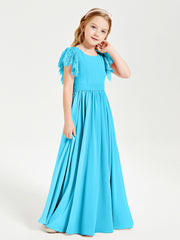 Chiffon Junior Bridesmaid Dresses with Lace Flutter Sleeves Pool