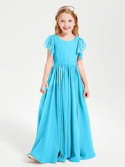 Chiffon Junior Bridesmaid Dresses with Lace Flutter Sleeves Pool