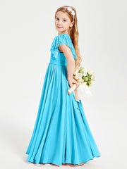 Chiffon Junior Bridesmaid Dresses with Lace Flutter Sleeves Pool