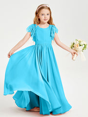 Chiffon Junior Bridesmaid Dresses with Lace Flutter Sleeves Pool