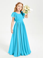 Chiffon Junior Bridesmaid Dresses with Lace Flutter Sleeves Pool