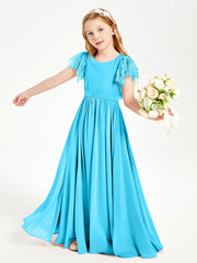 Chiffon Junior Bridesmaid Dresses with Lace Flutter Sleeves Pool