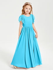 Chiffon Junior Bridesmaid Dresses with Lace Flutter Sleeves Pool
