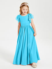 Chiffon Junior Bridesmaid Dresses with Lace Flutter Sleeves Pool