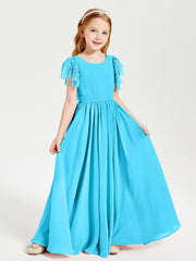 Chiffon Junior Bridesmaid Dresses with Lace Flutter Sleeves Pool