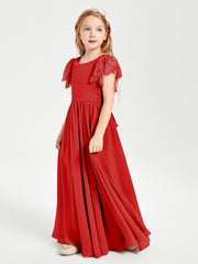 Chiffon Junior Bridesmaid Dresses with Lace Flutter Sleeves Red