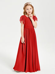 Chiffon Junior Bridesmaid Dresses with Lace Flutter Sleeves Red