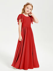 Chiffon Junior Bridesmaid Dresses with Lace Flutter Sleeves Red