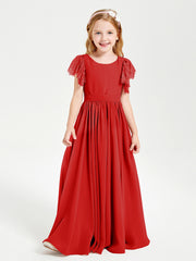 Chiffon Junior Bridesmaid Dresses with Lace Flutter Sleeves Red