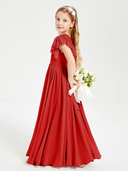 Chiffon Junior Bridesmaid Dresses with Lace Flutter Sleeves Red