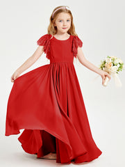 Chiffon Junior Bridesmaid Dresses with Lace Flutter Sleeves Red
