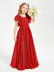 Chiffon Junior Bridesmaid Dresses with Lace Flutter Sleeves Red