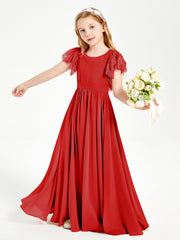 Chiffon Junior Bridesmaid Dresses with Lace Flutter Sleeves Red