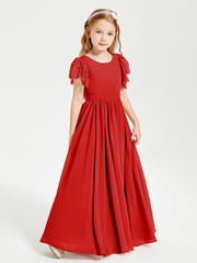 Chiffon Junior Bridesmaid Dresses with Lace Flutter Sleeves Red