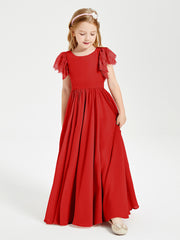 Chiffon Junior Bridesmaid Dresses with Lace Flutter Sleeves Red