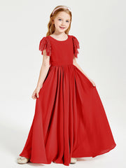 Chiffon Junior Bridesmaid Dresses with Lace Flutter Sleeves Red