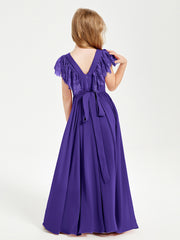 Chiffon Junior Bridesmaid Dresses with Lace Flutter Sleeves Regency