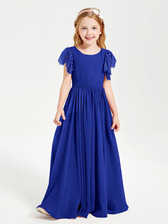 Chiffon Junior Bridesmaid Dresses with Lace Flutter Sleeves Royal Blue