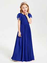 Chiffon Junior Bridesmaid Dresses with Lace Flutter Sleeves Royal Blue