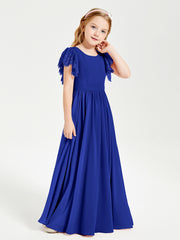 Chiffon Junior Bridesmaid Dresses with Lace Flutter Sleeves Royal Blue