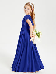 Chiffon Junior Bridesmaid Dresses with Lace Flutter Sleeves Royal Blue