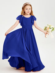 Chiffon Junior Bridesmaid Dresses with Lace Flutter Sleeves Royal Blue