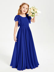 Chiffon Junior Bridesmaid Dresses with Lace Flutter Sleeves Royal Blue