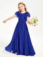 Chiffon Junior Bridesmaid Dresses with Lace Flutter Sleeves Royal Blue