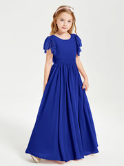 Chiffon Junior Bridesmaid Dresses with Lace Flutter Sleeves Royal Blue