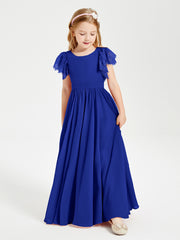 Chiffon Junior Bridesmaid Dresses with Lace Flutter Sleeves Royal Blue