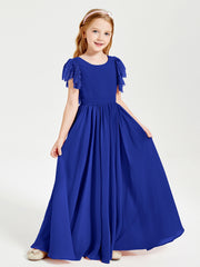 Chiffon Junior Bridesmaid Dresses with Lace Flutter Sleeves Royal Blue