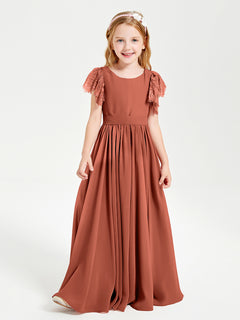 Chiffon Junior Bridesmaid Dresses with Lace Flutter Sleeves Rust