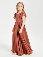 Chiffon Junior Bridesmaid Dresses with Lace Flutter Sleeves Rust