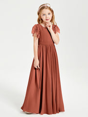 Chiffon Junior Bridesmaid Dresses with Lace Flutter Sleeves Rust