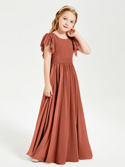 Chiffon Junior Bridesmaid Dresses with Lace Flutter Sleeves Rust