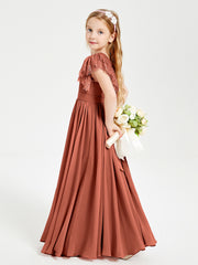 Chiffon Junior Bridesmaid Dresses with Lace Flutter Sleeves Rust