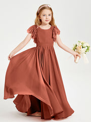 Chiffon Junior Bridesmaid Dresses with Lace Flutter Sleeves Rust