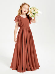 Chiffon Junior Bridesmaid Dresses with Lace Flutter Sleeves Rust
