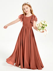 Chiffon Junior Bridesmaid Dresses with Lace Flutter Sleeves Rust