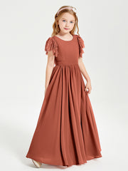 Chiffon Junior Bridesmaid Dresses with Lace Flutter Sleeves Rust