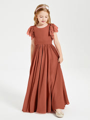 Chiffon Junior Bridesmaid Dresses with Lace Flutter Sleeves Rust