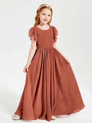 Chiffon Junior Bridesmaid Dresses with Lace Flutter Sleeves Rust