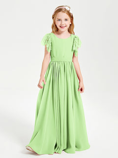 Chiffon Junior Bridesmaid Dresses with Lace Flutter Sleeves Sage