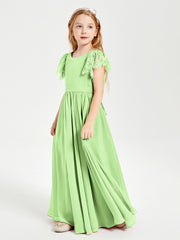 Chiffon Junior Bridesmaid Dresses with Lace Flutter Sleeves Sage