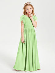 Chiffon Junior Bridesmaid Dresses with Lace Flutter Sleeves Sage